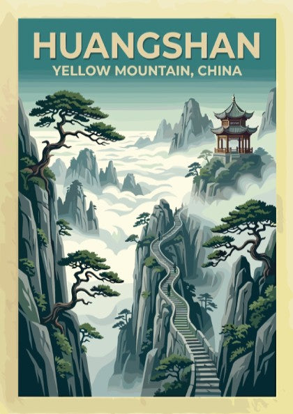 Huangshan Yellow Mountain travel poster featuring a traditional pagoda, stone stairs, and pines.