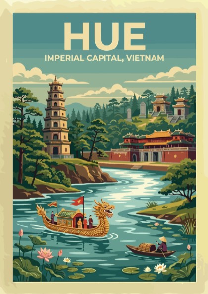 Travel poster of Hue featuring a golden dragon boat and traditional pagoda landscape