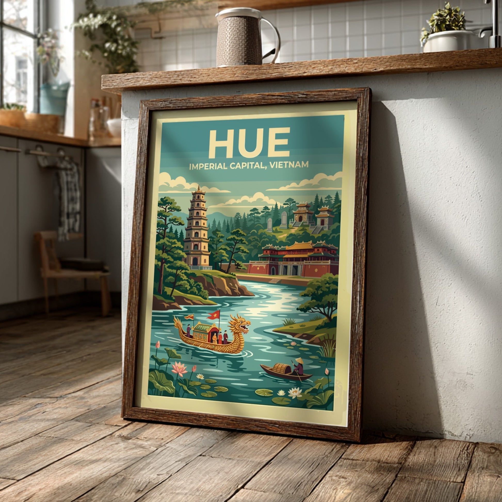 Travel poster of Hue featuring a golden dragon boat and traditional pagoda landscape
