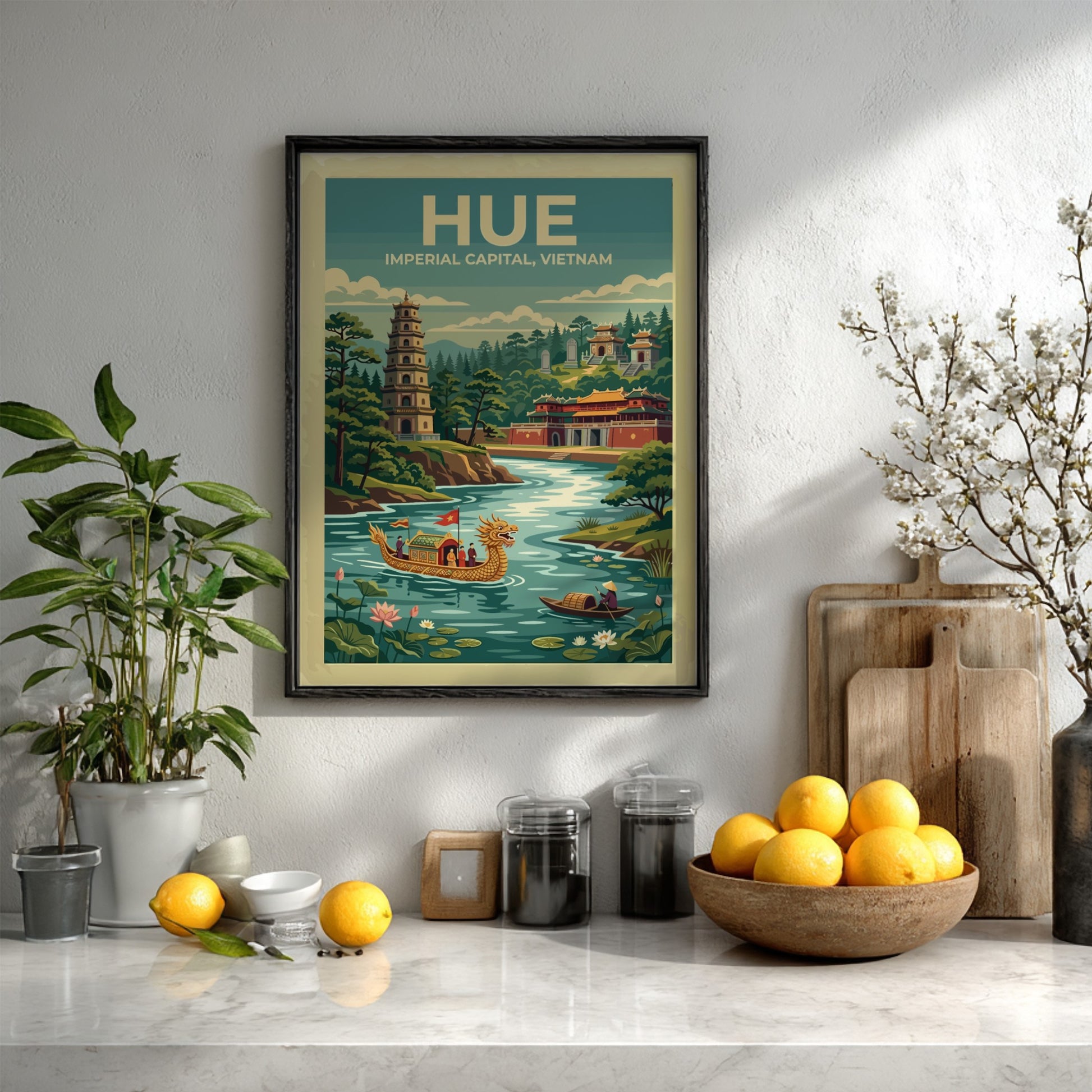 Travel poster of Hue featuring a golden dragon boat and traditional pagoda landscape