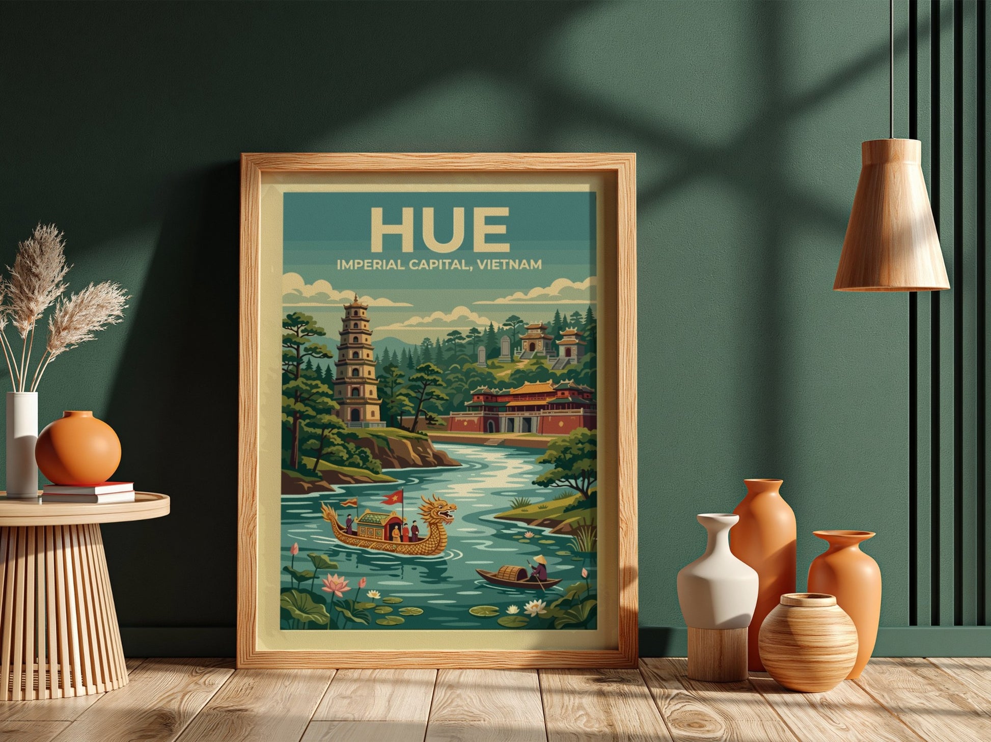 Travel poster of Hue featuring a golden dragon boat and traditional pagoda landscape