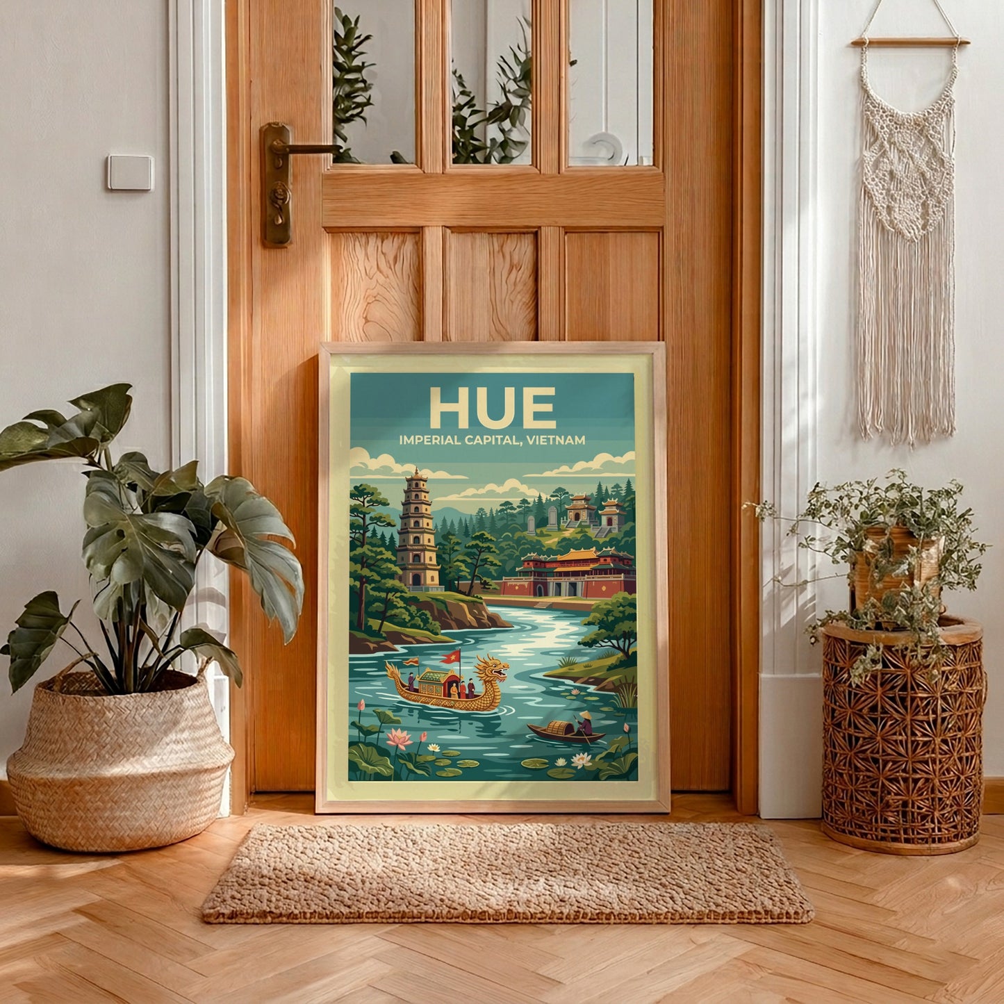 Travel poster of Hue featuring a golden dragon boat and traditional pagoda landscape