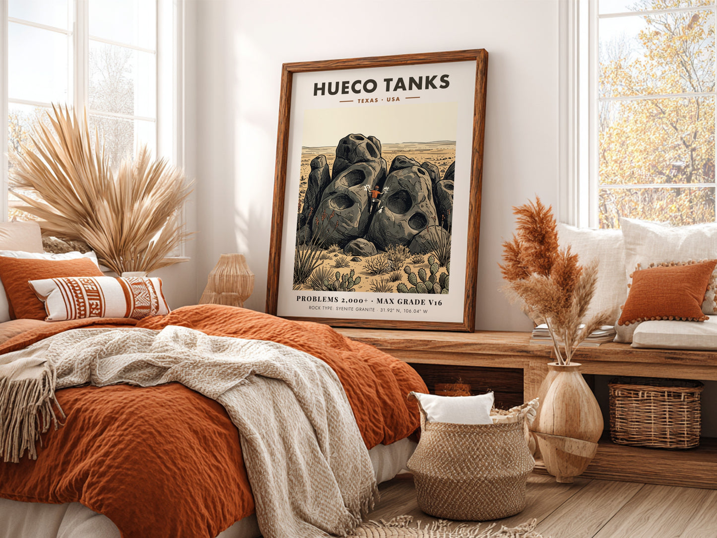 Poster of a climber scaling large pockmarked granite boulders at Hueco Tanks Texas
