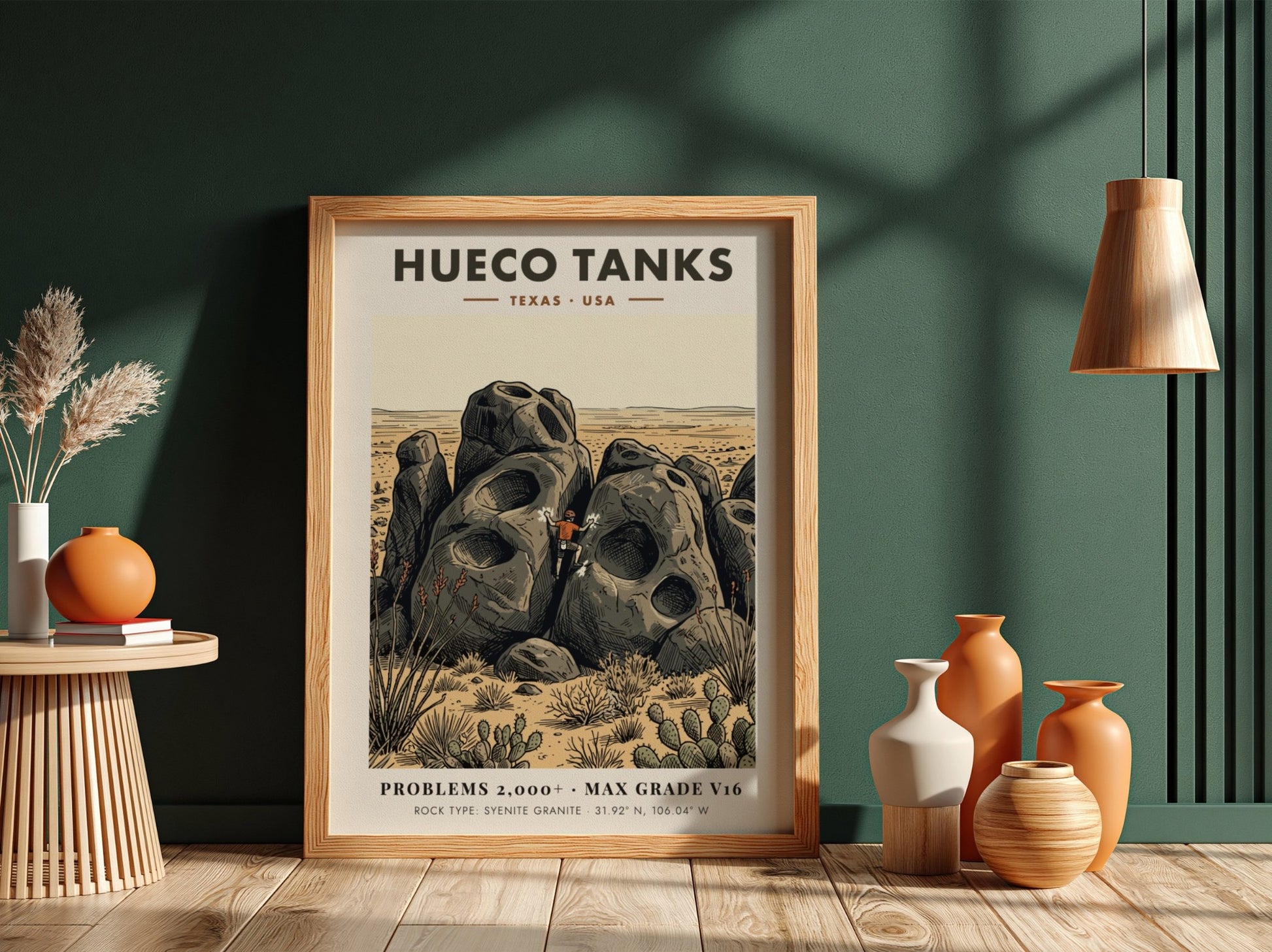 Poster of a climber scaling large pockmarked granite boulders at Hueco Tanks Texas