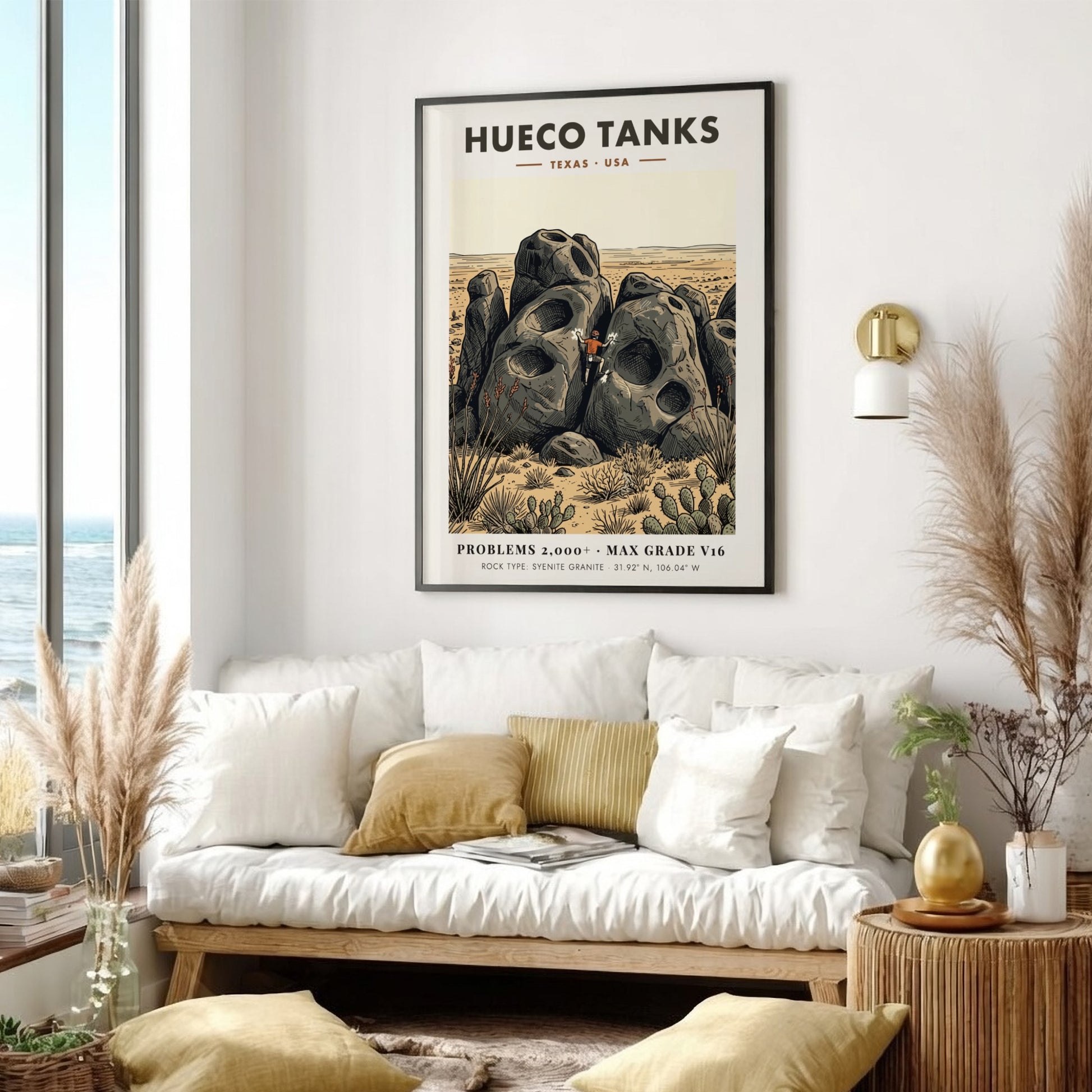 Poster of a climber scaling large pockmarked granite boulders at Hueco Tanks Texas