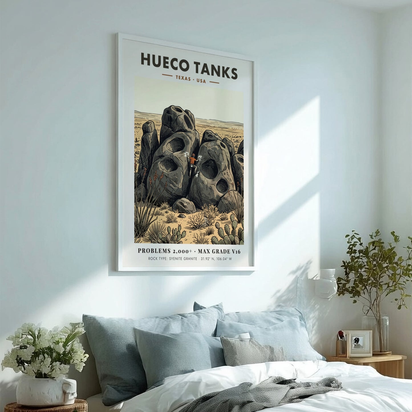 Poster of a climber scaling large pockmarked granite boulders at Hueco Tanks Texas