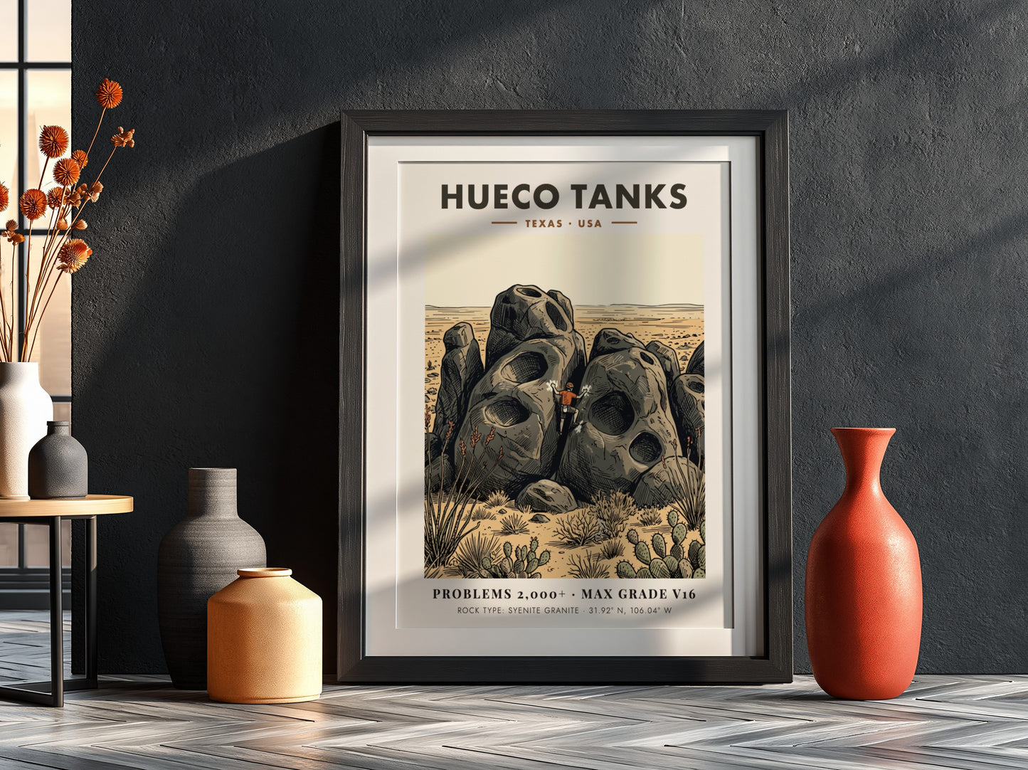Poster of a climber scaling large pockmarked granite boulders at Hueco Tanks Texas