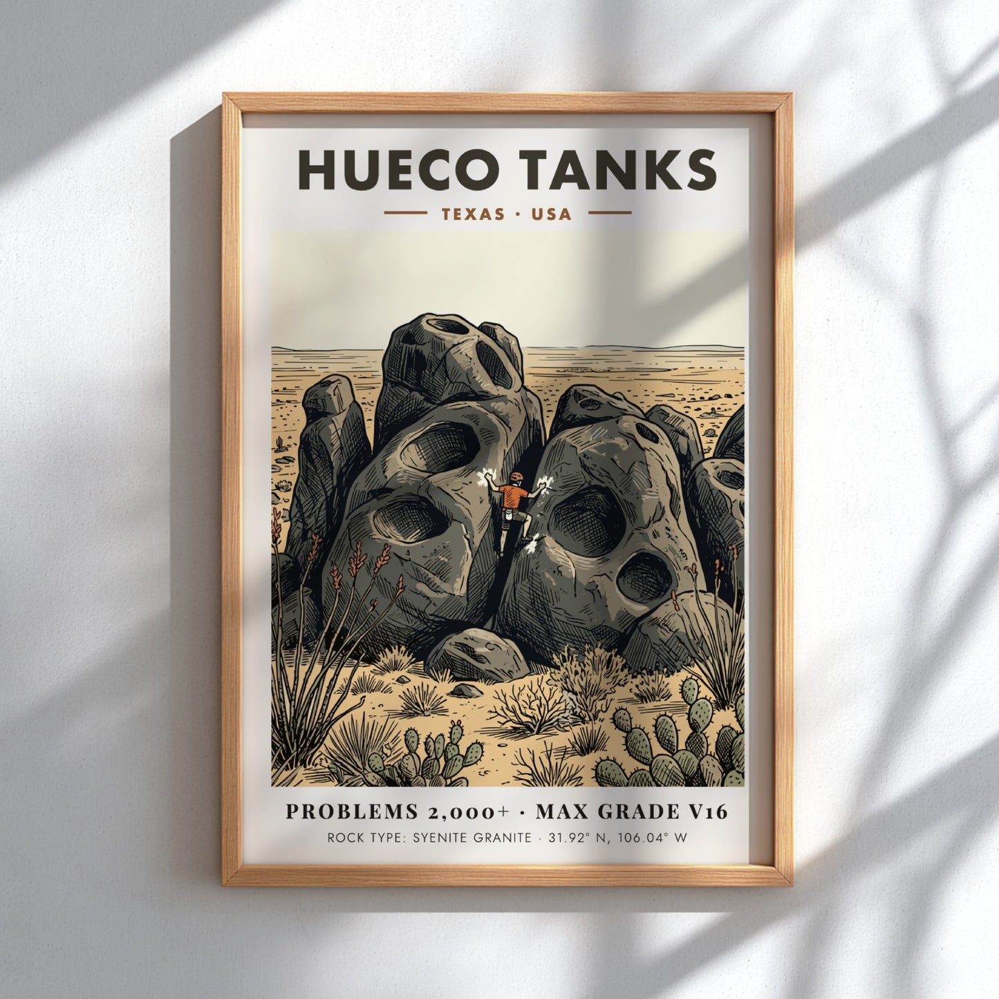Poster of a climber scaling large pockmarked granite boulders at Hueco Tanks Texas