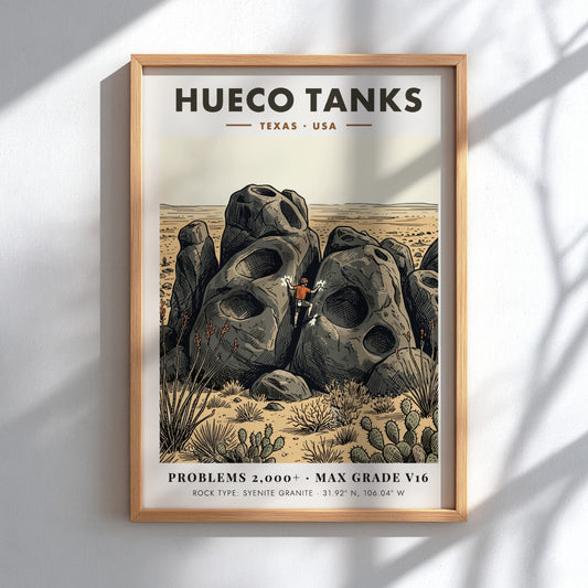 Poster of a climber scaling large pockmarked granite boulders at Hueco Tanks Texas