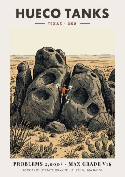 Poster of a climber scaling large pockmarked granite boulders at Hueco Tanks Texas