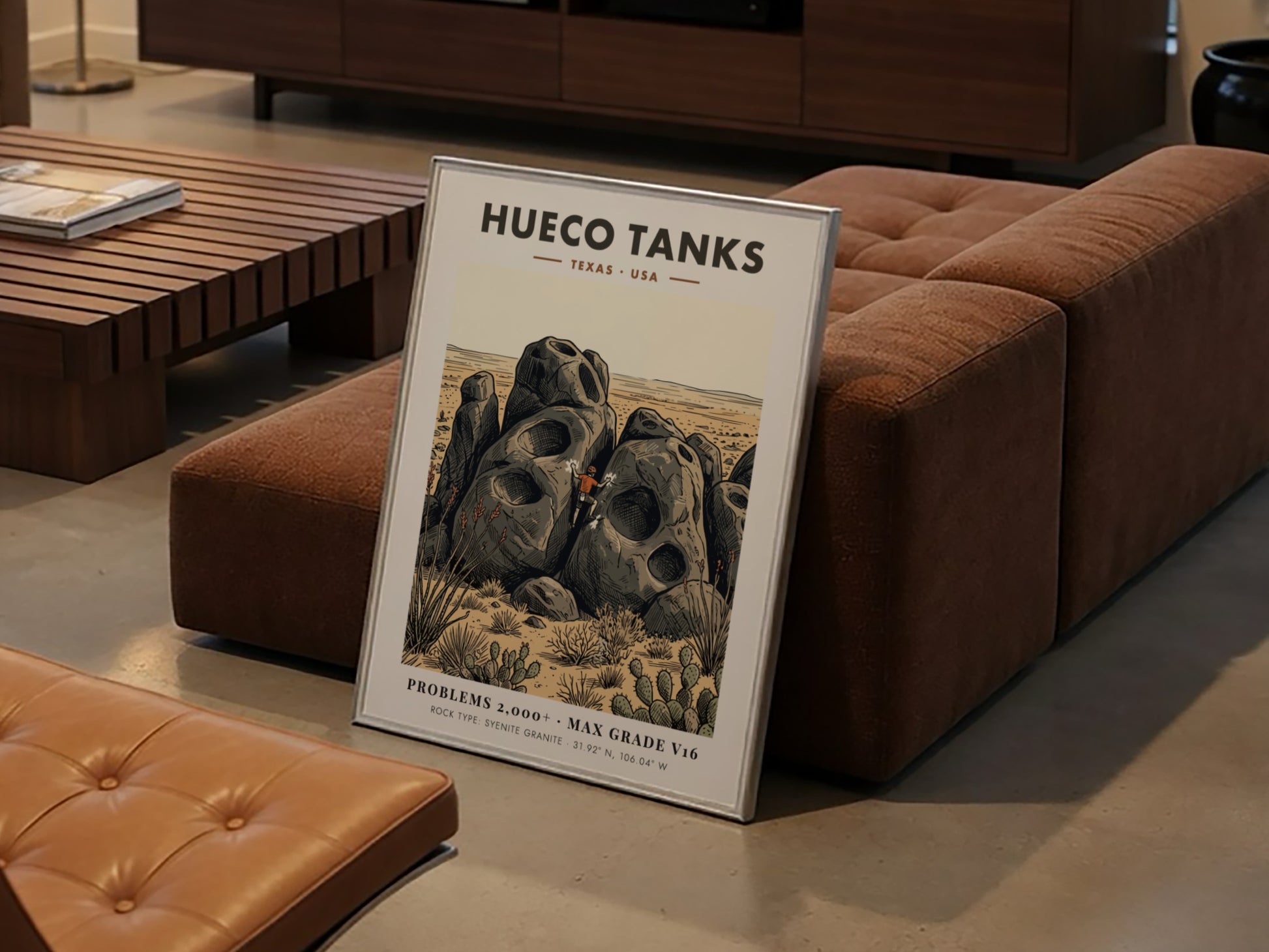 Poster of a climber scaling large pockmarked granite boulders at Hueco Tanks Texas