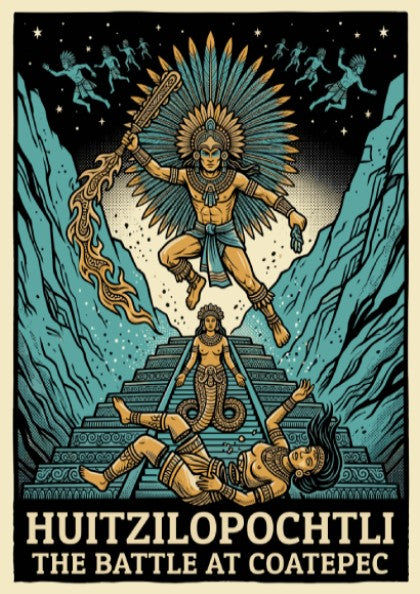 Huitzilopochtli poster showing the Aztec deity in battle with teal mountains and text.