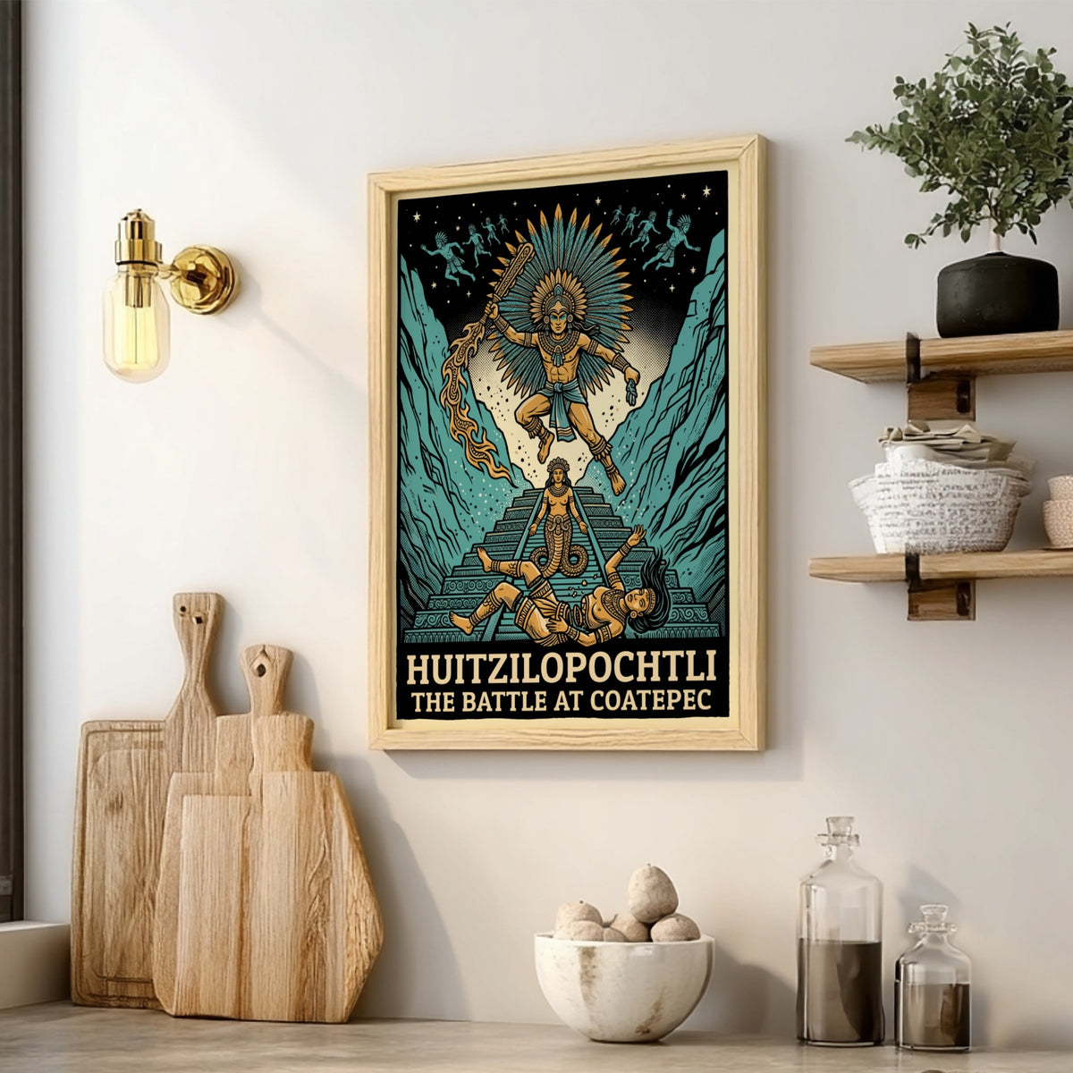 Huitzilopochtli poster showing the Aztec deity in battle with teal mountains and text.