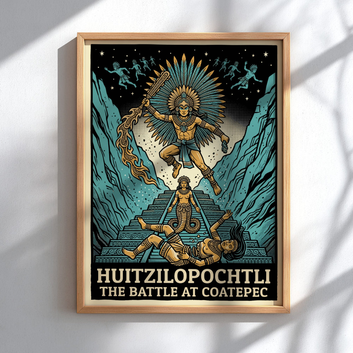 Huitzilopochtli poster showing the Aztec deity in battle with teal mountains and text.