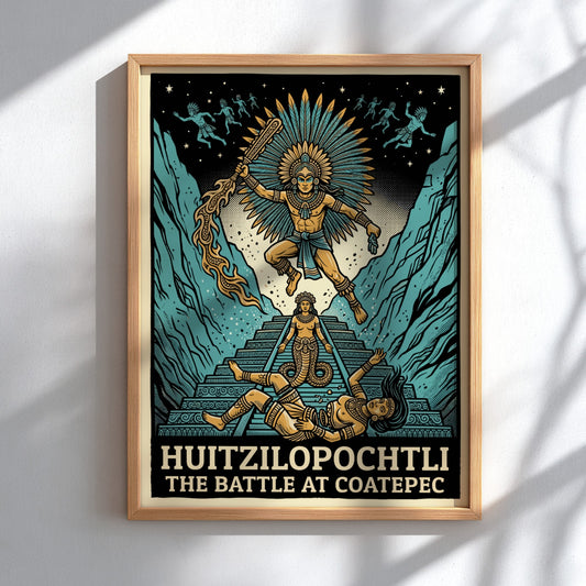 Huitzilopochtli poster showing the Aztec deity in battle with teal mountains and text.