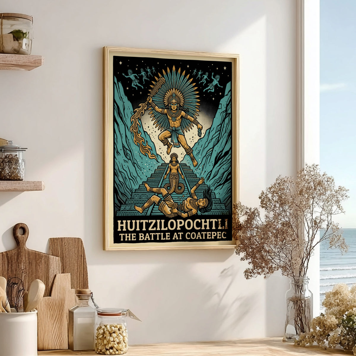 Huitzilopochtli poster showing the Aztec deity in battle with teal mountains and text.