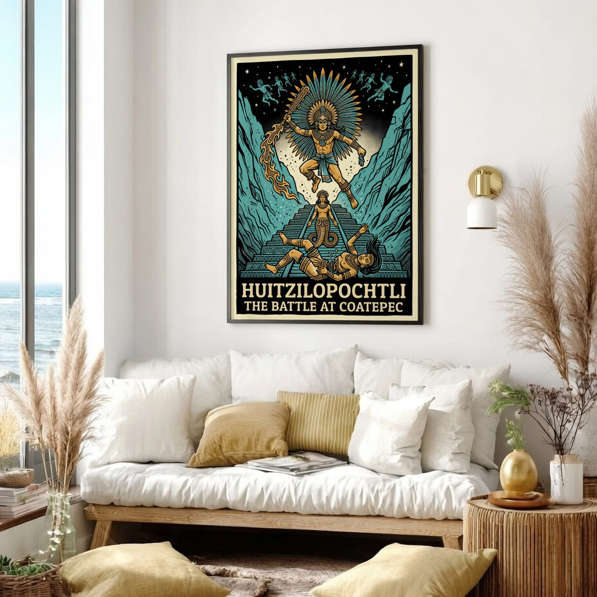 Huitzilopochtli poster showing the Aztec deity in battle with teal mountains and text.