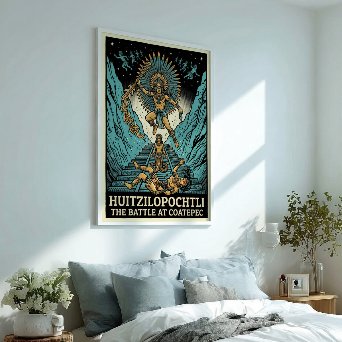 Huitzilopochtli poster showing the Aztec deity in battle with teal mountains and text.