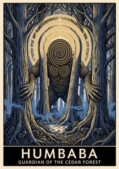 Poster featuring Humbaba, the guardian of the cedar forest, in a dark mystical style.