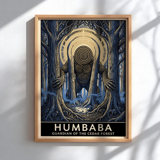 Poster featuring Humbaba, the guardian of the cedar forest, in a dark mystical style.