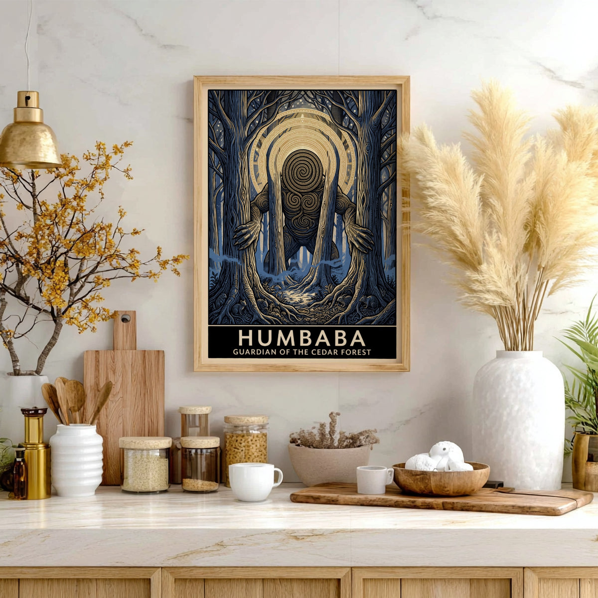 Poster featuring Humbaba, the guardian of the cedar forest, in a dark mystical style.