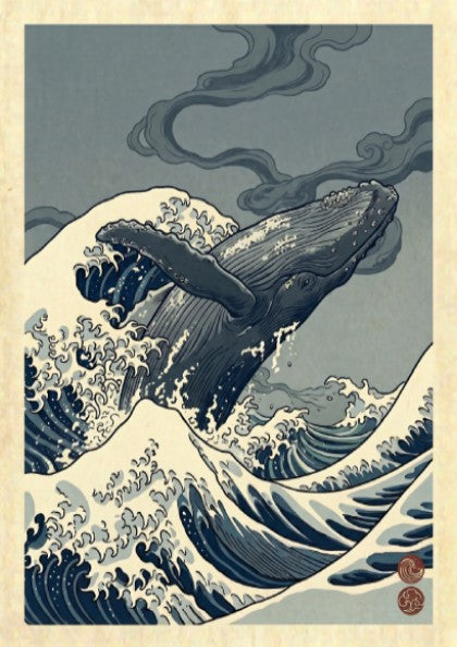 Humpback whale poster in Japanese art style with ocean waves and muted colors