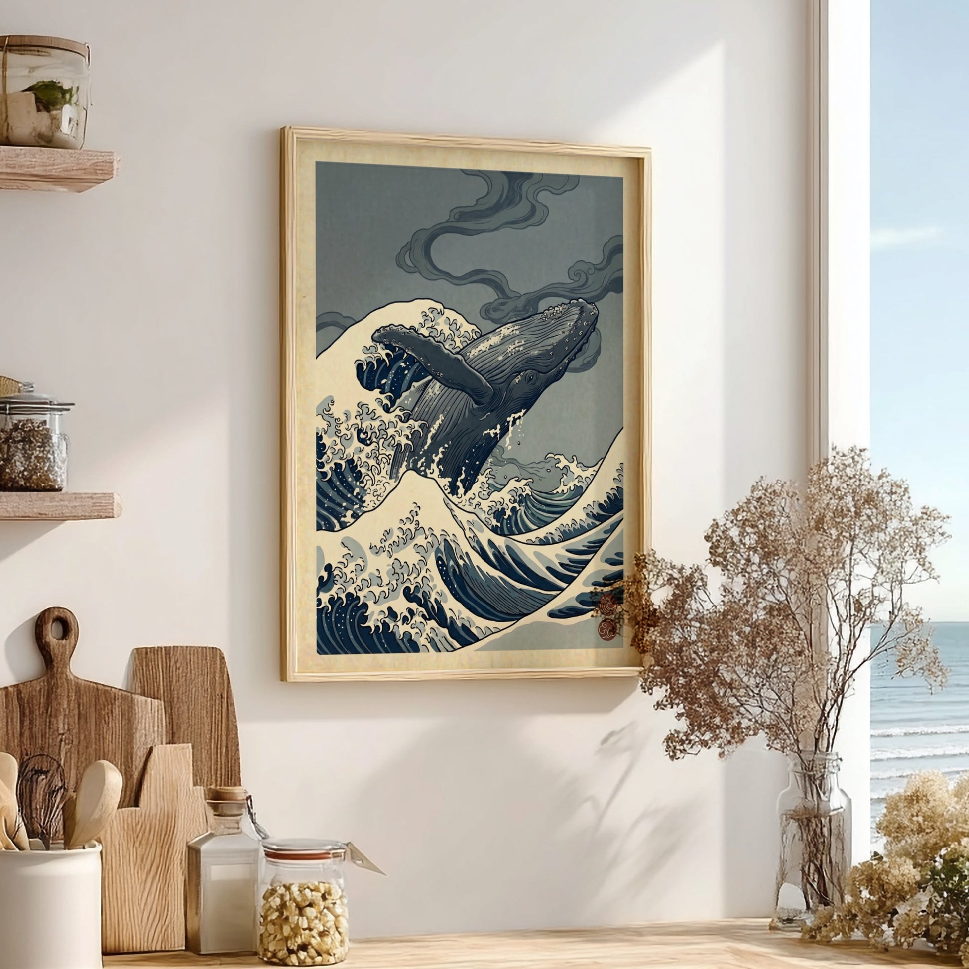 Humpback whale poster in Japanese art style with ocean waves and muted colors