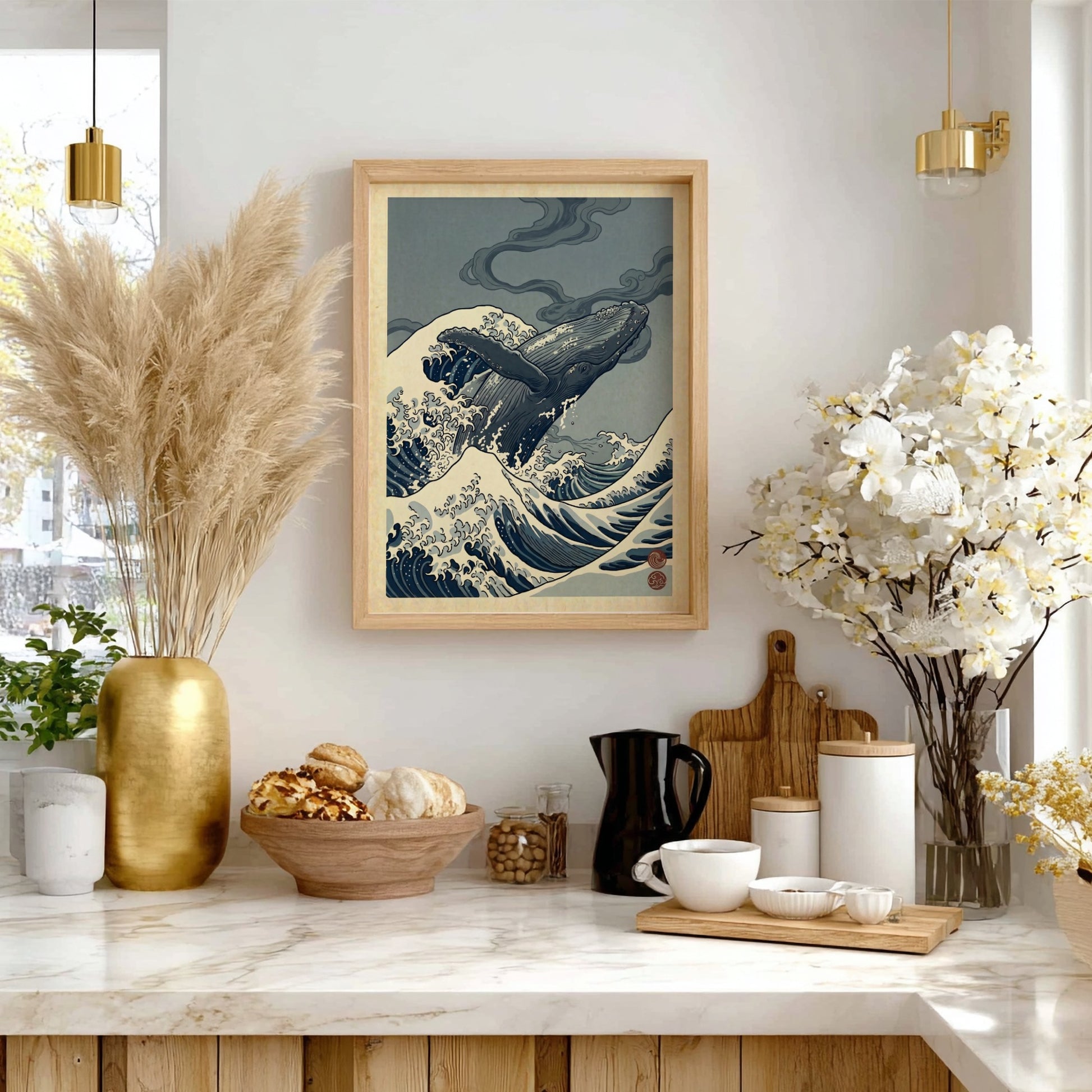 Humpback whale poster in Japanese art style with ocean waves and muted colors