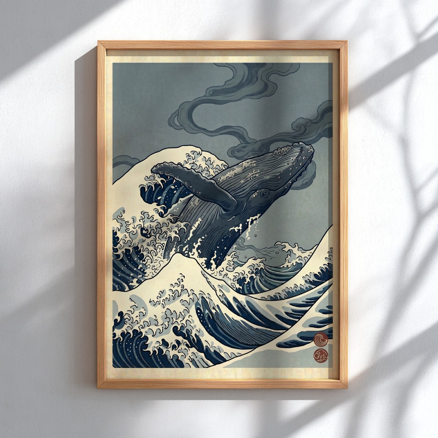 Humpback whale poster in Japanese art style with ocean waves and muted colors