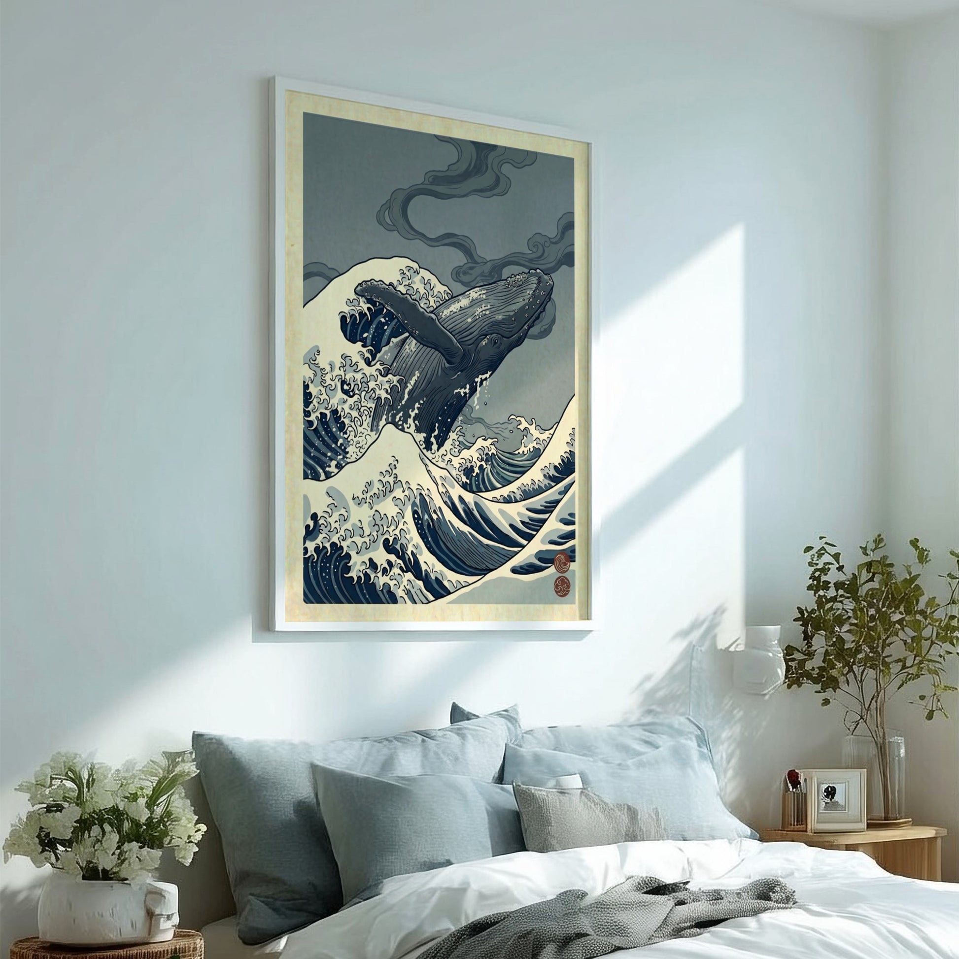 Humpback whale poster in Japanese art style with ocean waves and muted colors