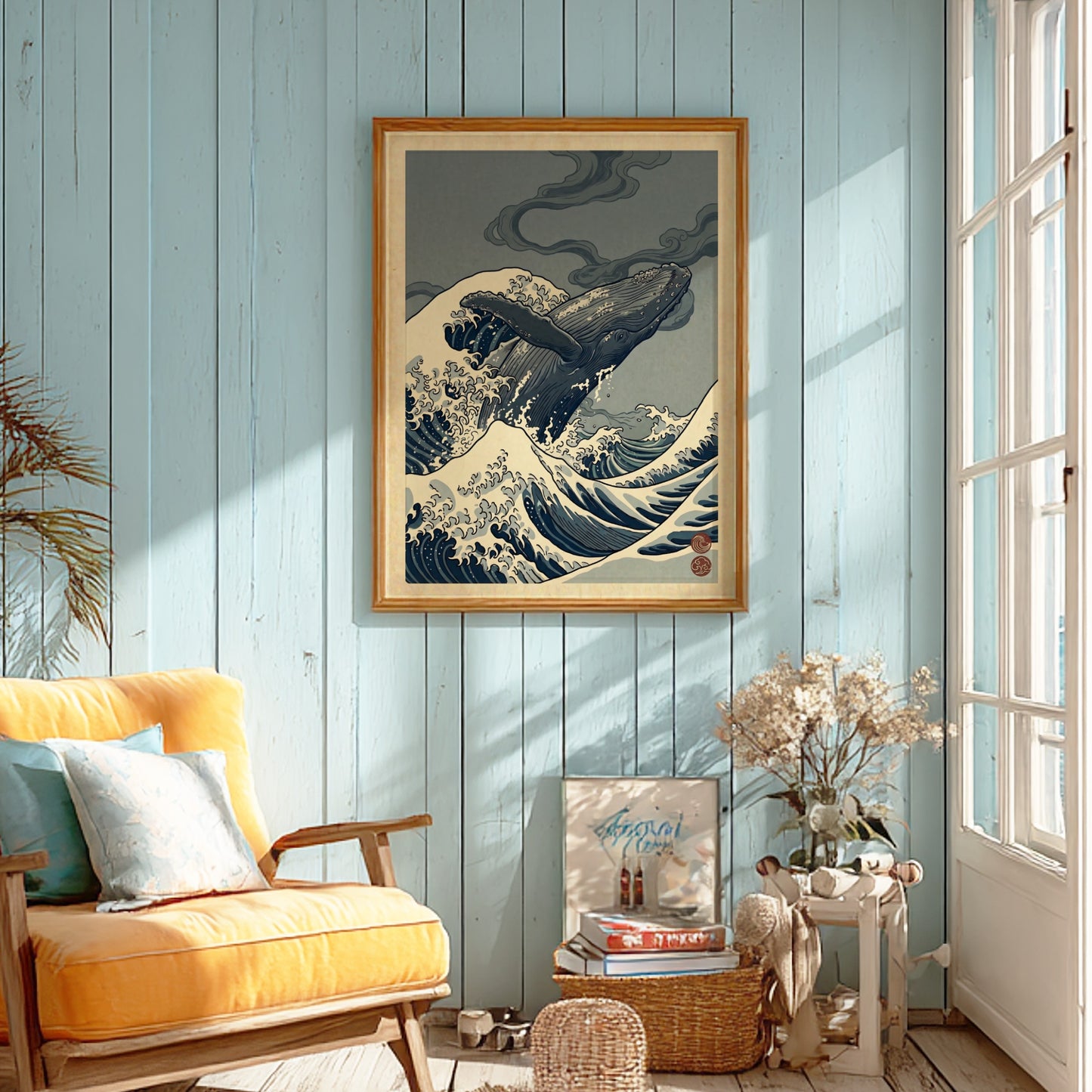 Humpback whale poster in Japanese art style with ocean waves and muted colors