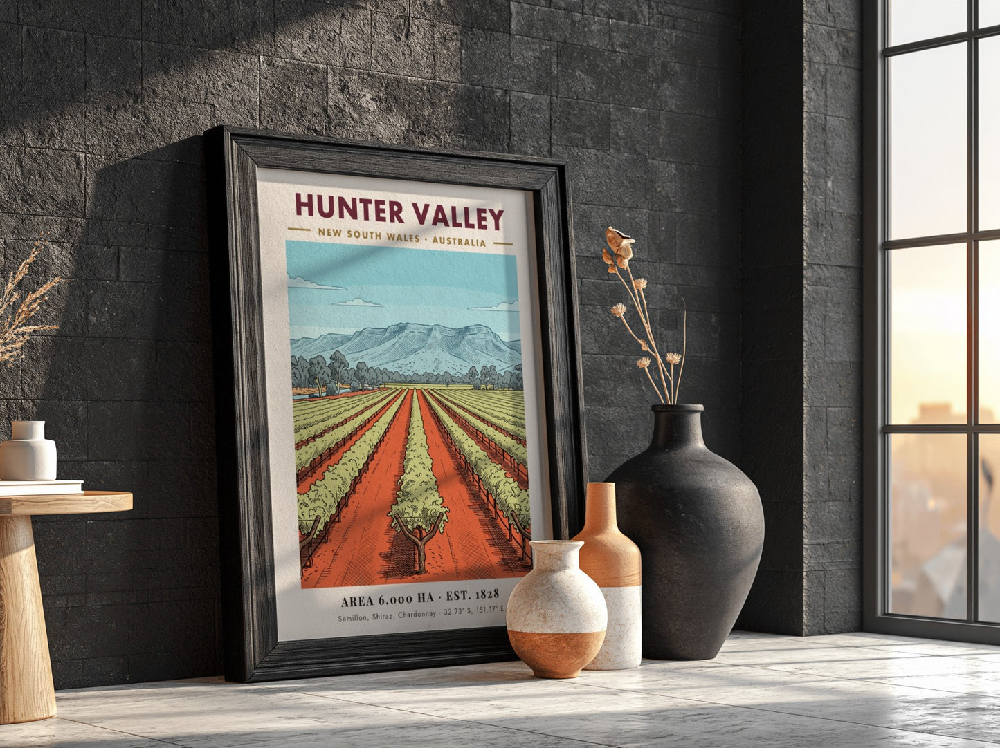 Poster of Hunter Valley wine region with lush vines and blue mountains above.
