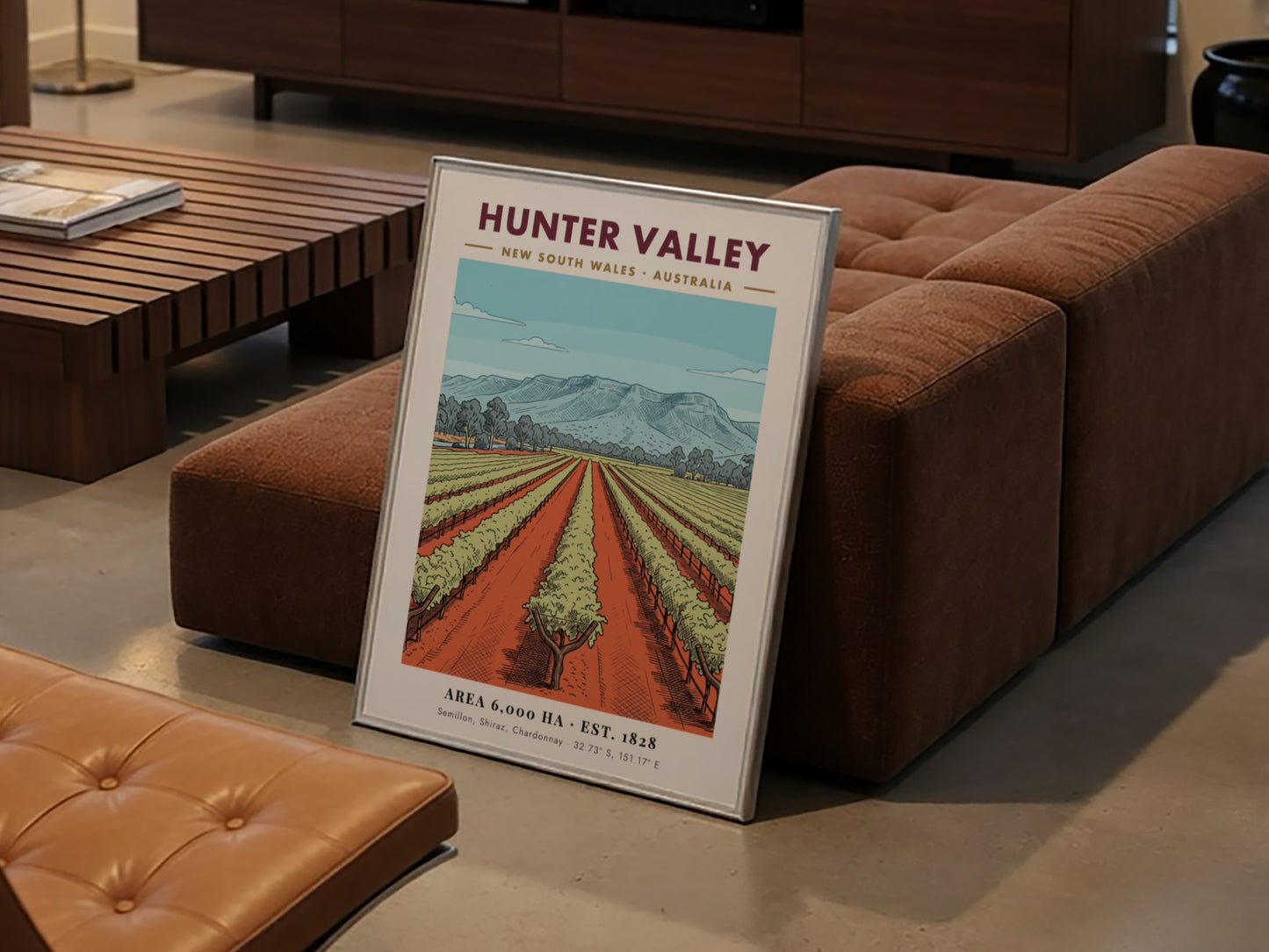 Poster of Hunter Valley wine region with lush vines and blue mountains above.