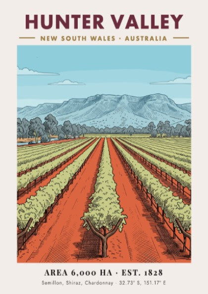 Poster of Hunter Valley wine region with lush vines and blue mountains above.