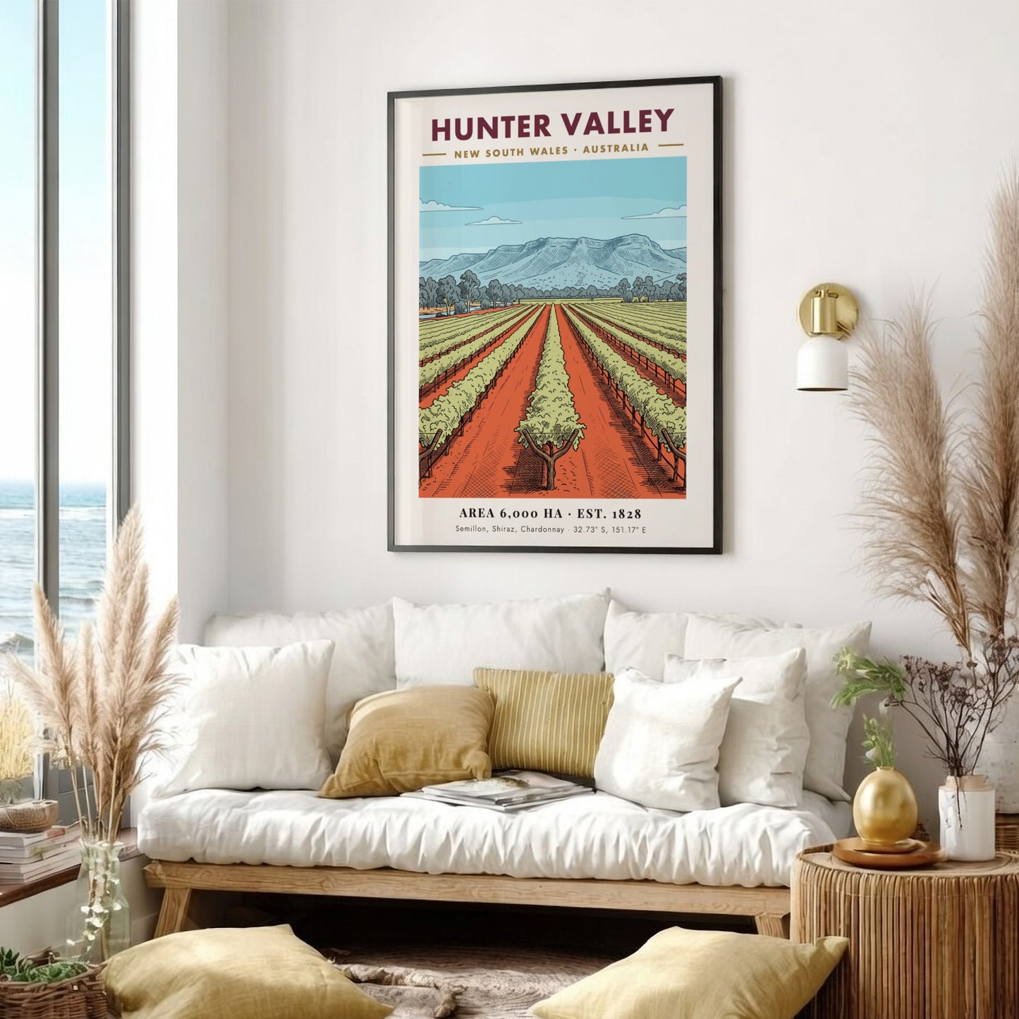 Poster of Hunter Valley wine region with lush vines and blue mountains above.