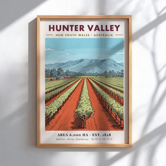 Poster of Hunter Valley wine region with lush vines and blue mountains above.