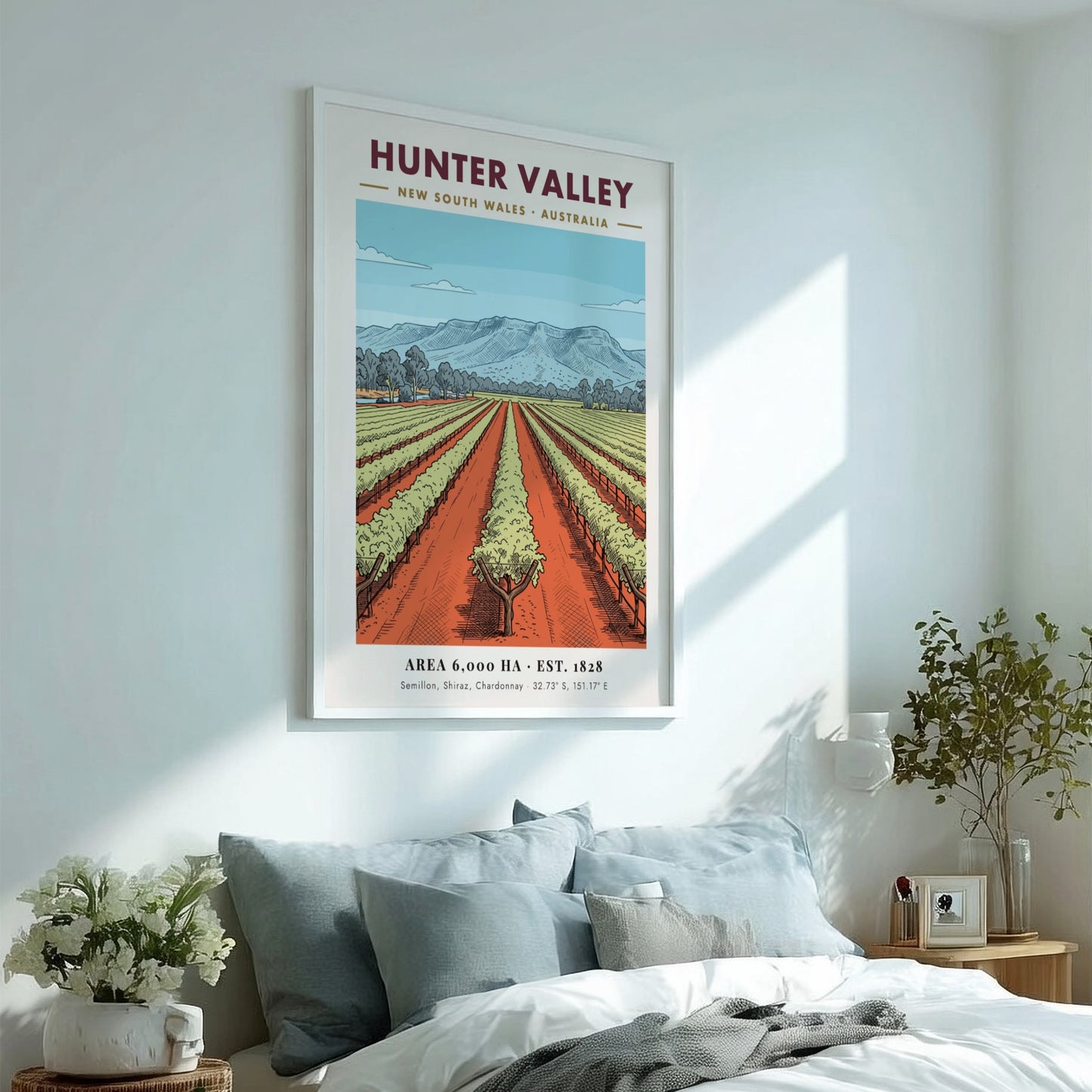 Poster of Hunter Valley wine region with lush vines and blue mountains above.