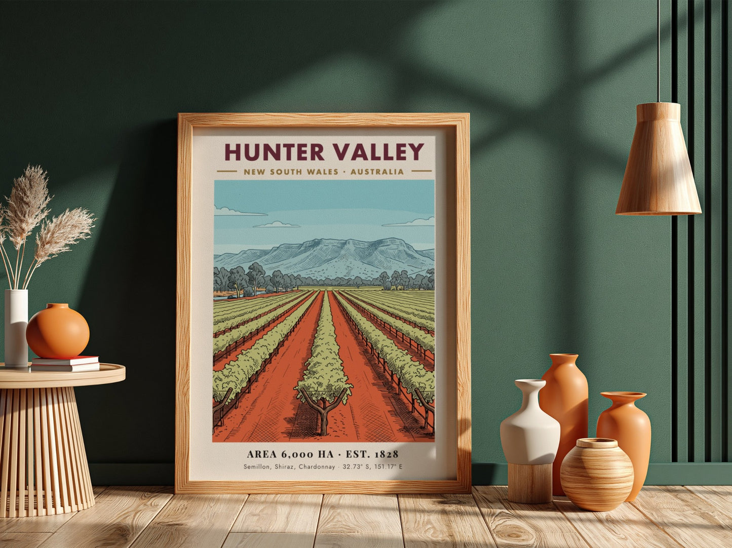 Poster of Hunter Valley wine region with lush vines and blue mountains above.
