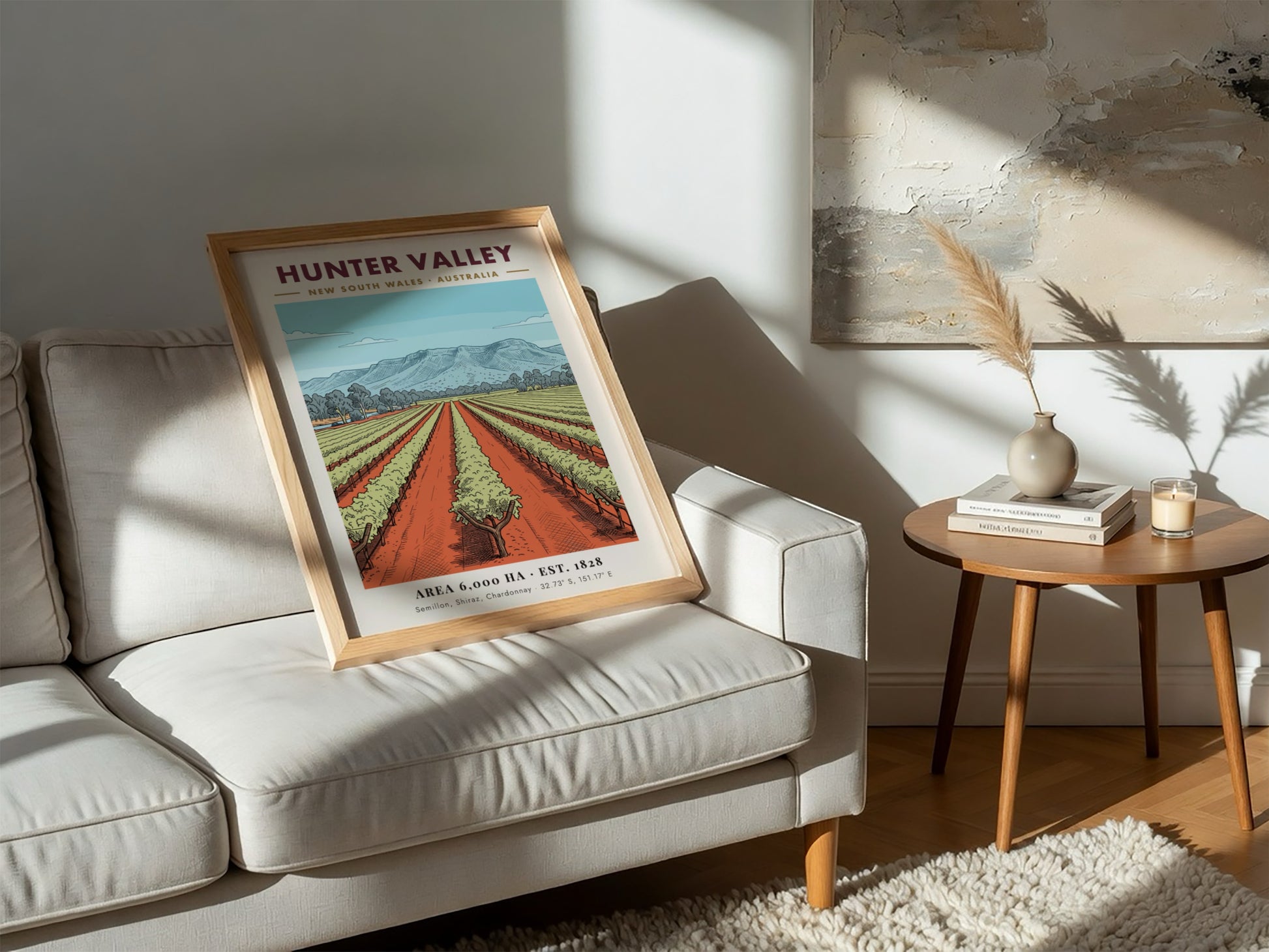 Poster of Hunter Valley wine region with lush vines and blue mountains above.