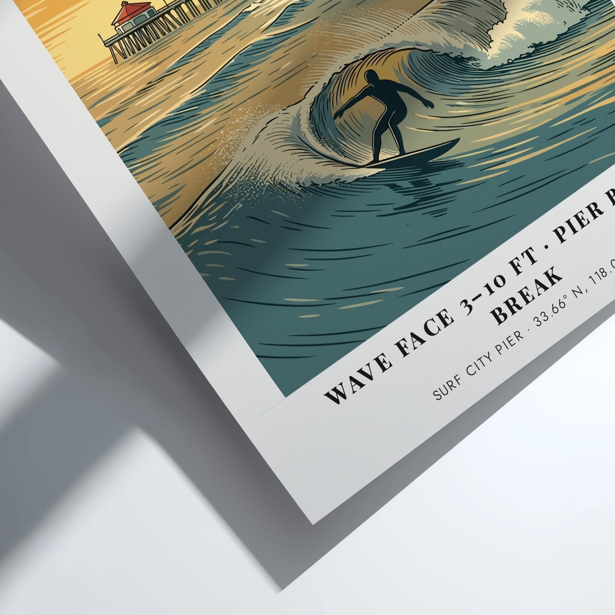 Huntington Beach surfing poster featuring a silhouette surfer on a wave near the pier.