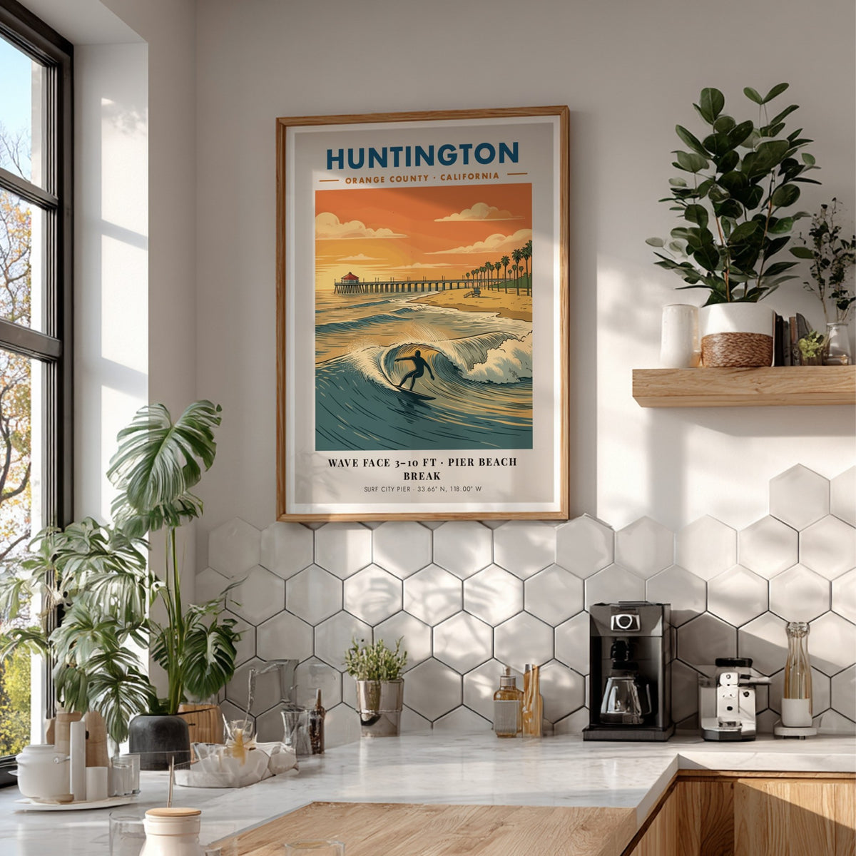 Huntington Beach surfing poster featuring a silhouette surfer on a wave near the pier.