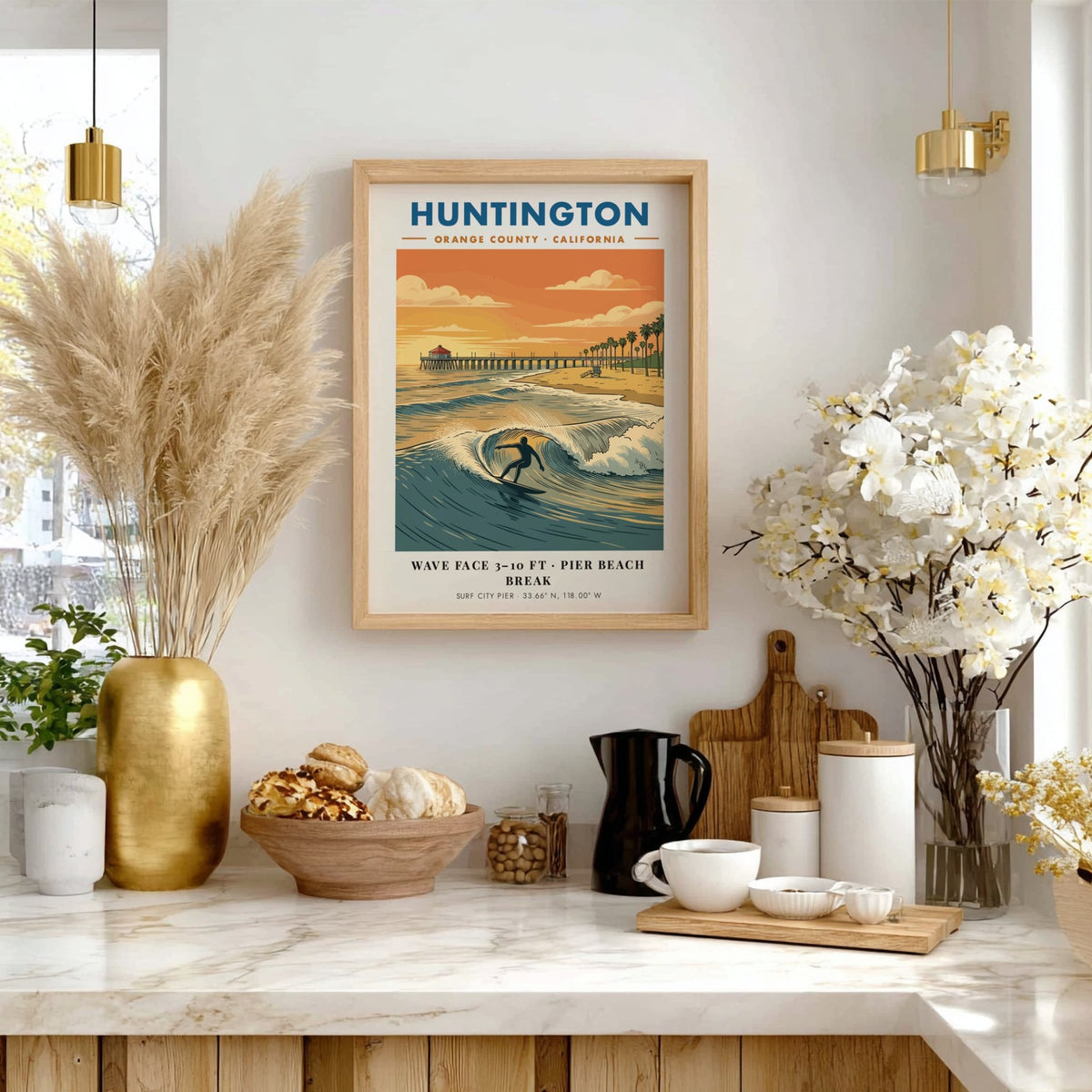 Huntington Beach surfing poster featuring a silhouette surfer on a wave near the pier.
