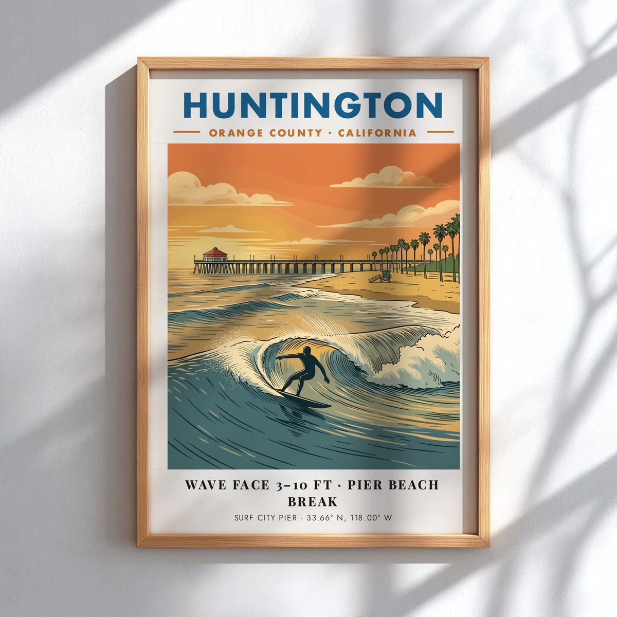 Huntington Beach surfing poster featuring a silhouette surfer on a wave near the pier.