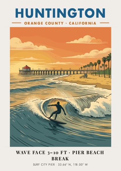 Huntington Beach surfing poster featuring a silhouette surfer on a wave near the pier.