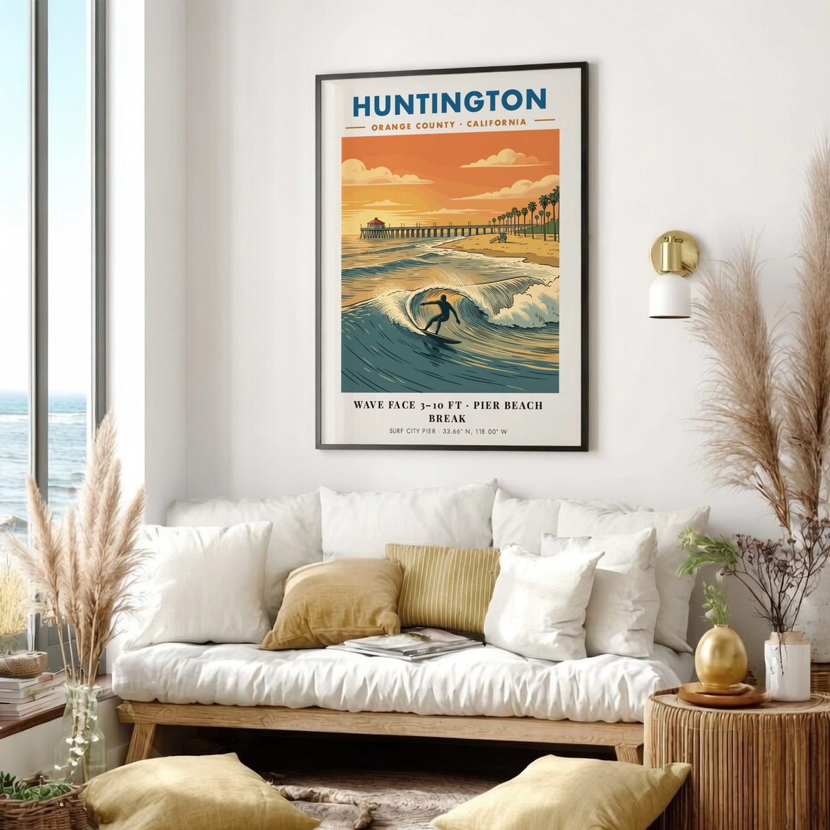 Huntington Beach surfing poster featuring a silhouette surfer on a wave near the pier.
