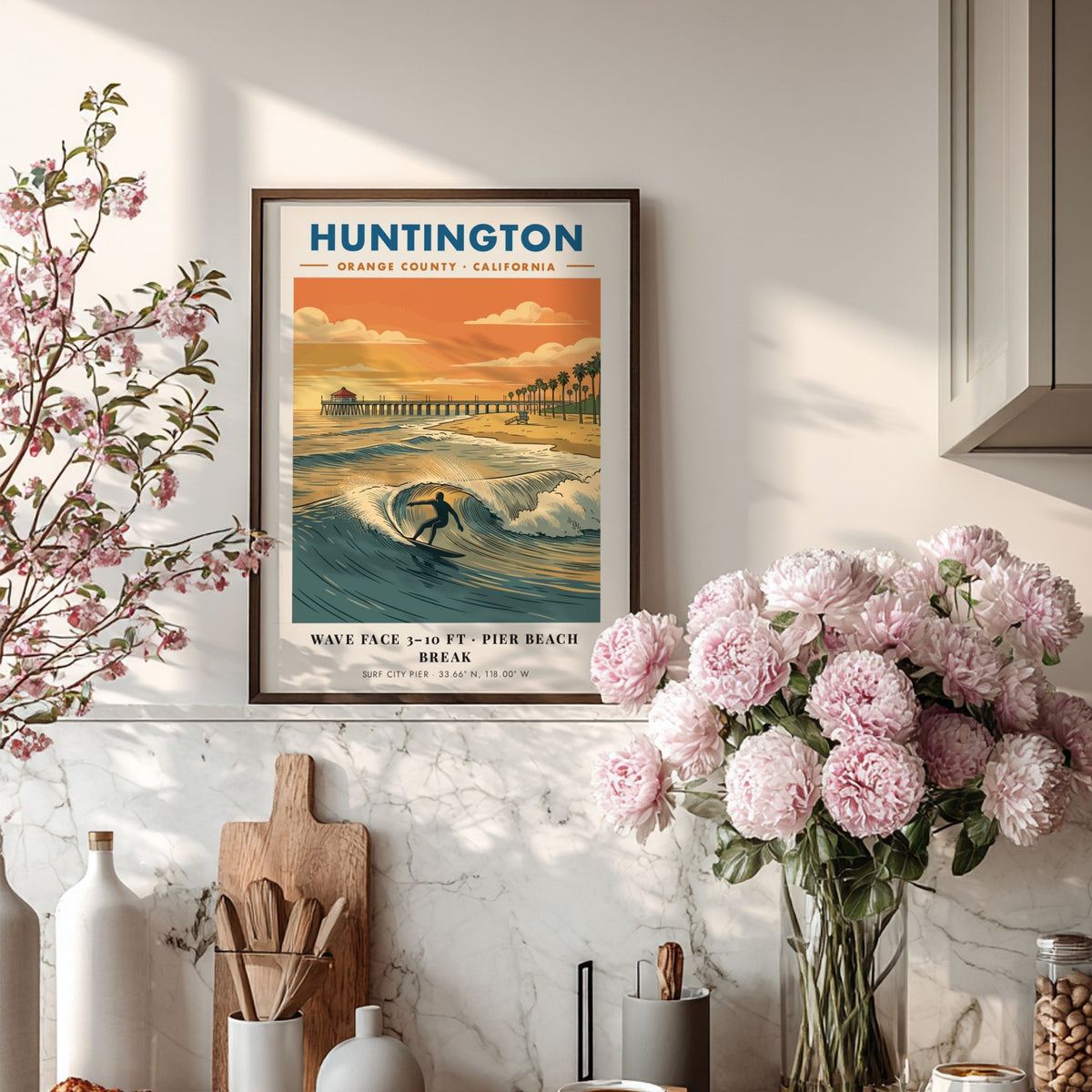 Huntington Beach surfing poster featuring a silhouette surfer on a wave near the pier.