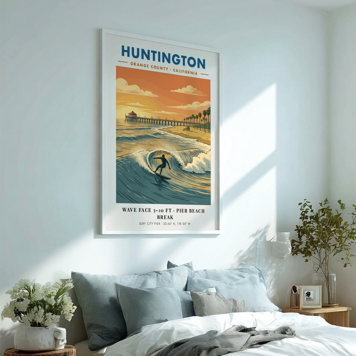 Huntington Beach surfing poster featuring a silhouette surfer on a wave near the pier.