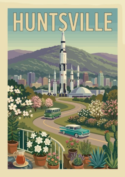 Huntsville Rocket City poster featuring a Saturn V rocket, vintage cars, and retro cityscape in a warm,