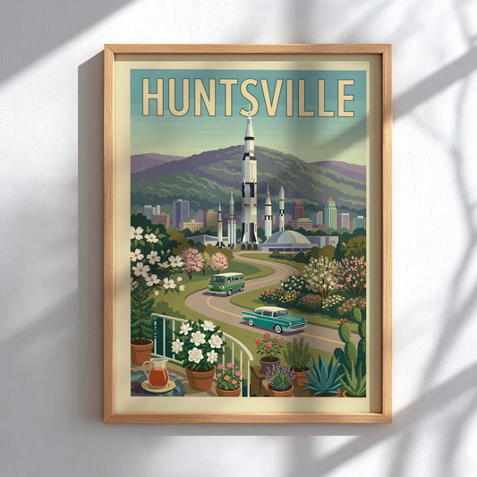 Huntsville Rocket City poster featuring a Saturn V rocket, vintage cars, and retro cityscape in a warm,