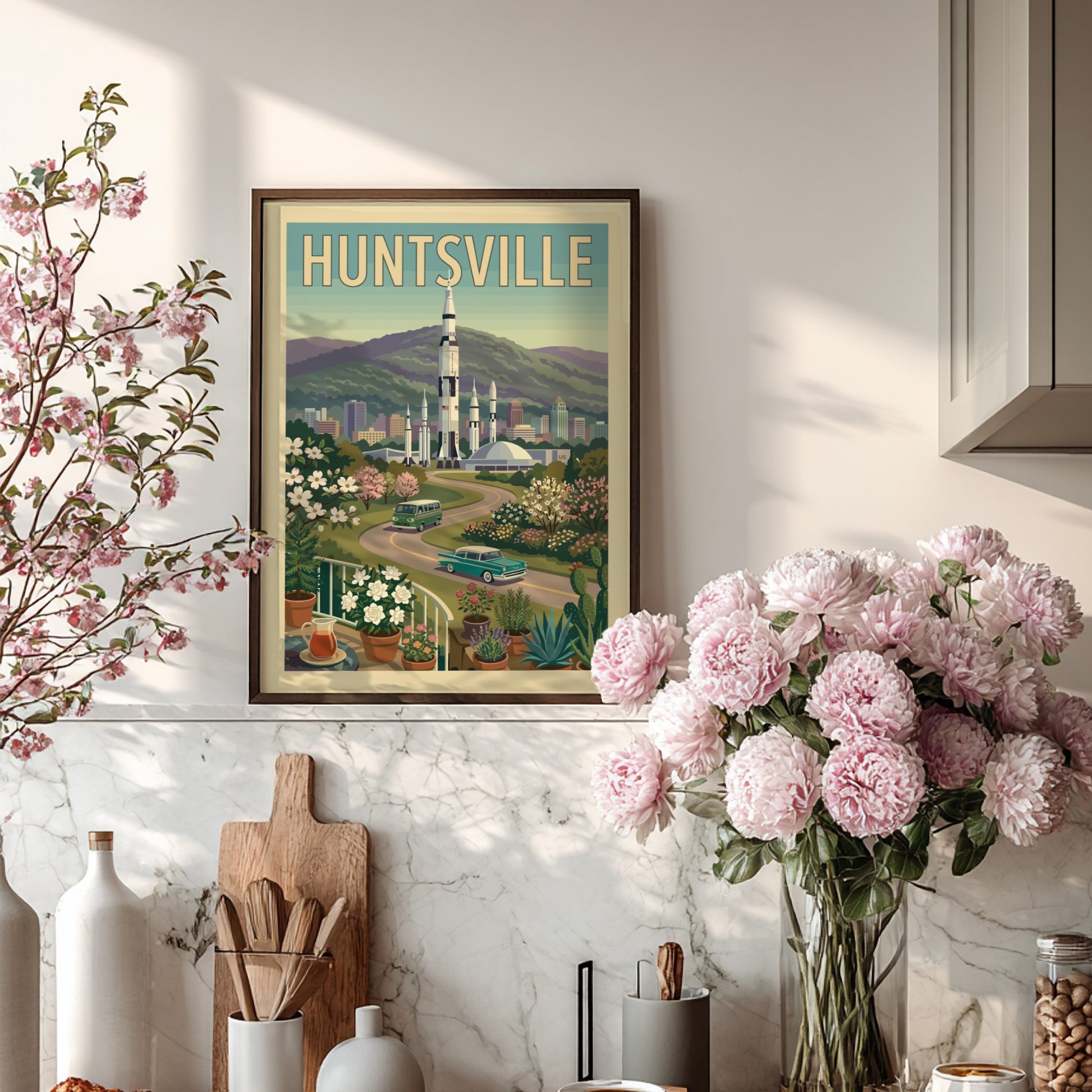 Huntsville Rocket City poster featuring a Saturn V rocket, vintage cars, and retro cityscape in a warm,